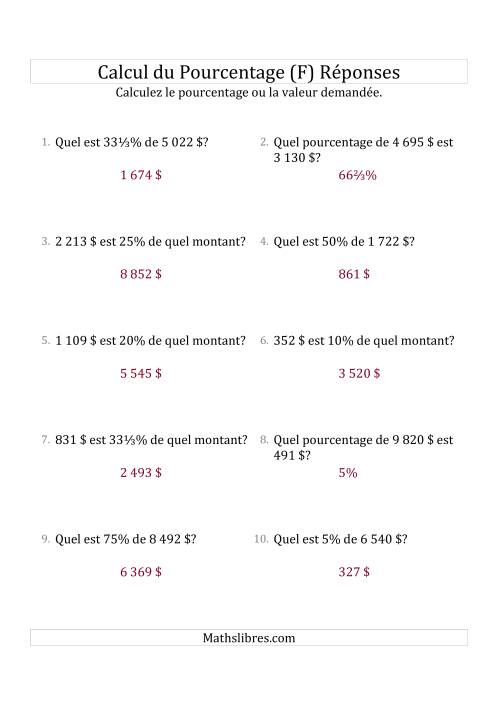 Problèmes de Pourcentage Mixtes avec des Montants de Nombres Entiers et la Sélection de Pourcentages (Sommes en Dollars) (F) page 2
