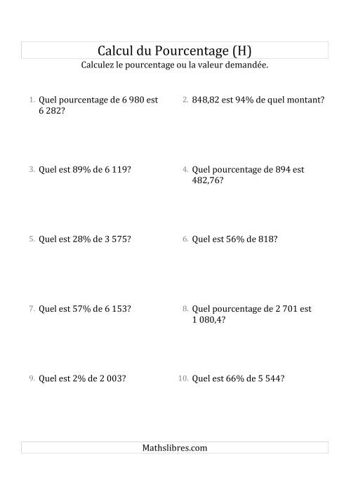 Problèmes de Pourcentage Mixtes avec des Montants de Nombres Décimaux et des Pourcentages Variant de 1 à 99 (H)