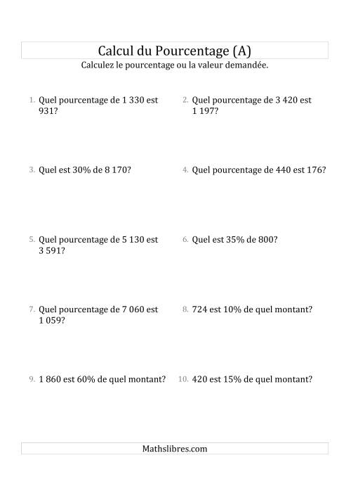Problèmes de Pourcentage Mixtes avec des Montants de Nombres Entiers et des Pourcentages Multiples de 5 (A)