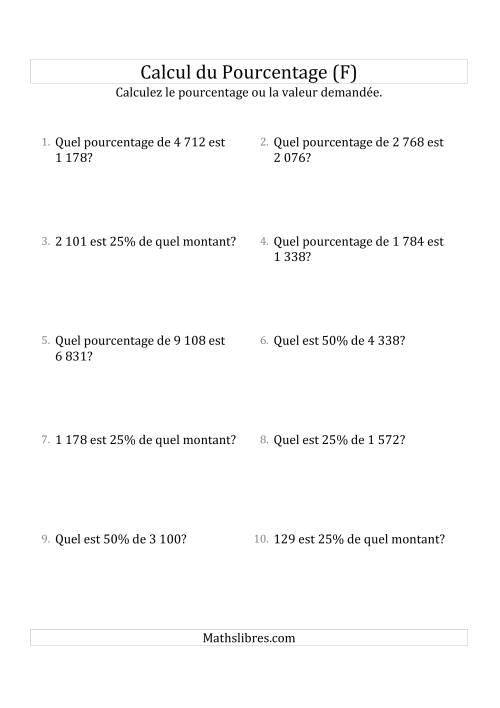 Problèmes de Pourcentage Mixtes avec des Montants de Nombres Entiers et des Pourcentages Multiples de 25 (F)