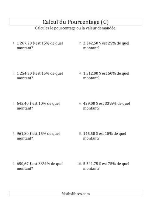 Calcul du Montant Original des Nombres Décimaux et la Sélection de Pourcentages (Sommes en Dollars) (C)