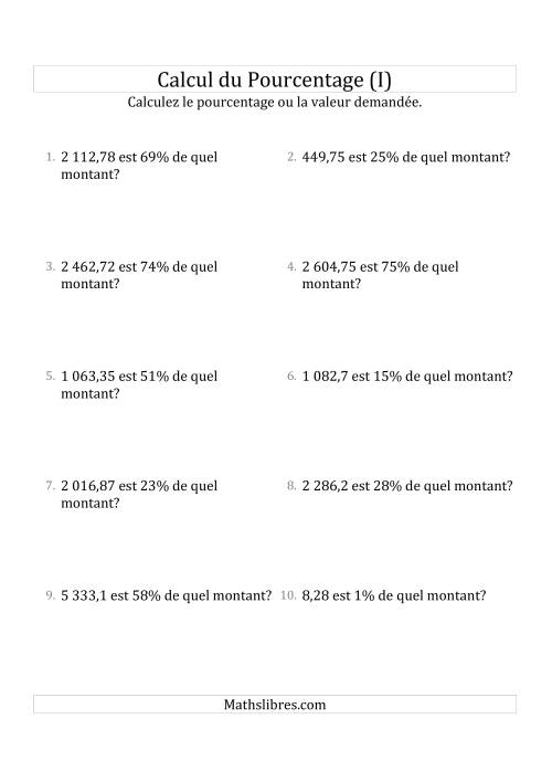 Calcul du Montant Original des Nombres Décimaux et des Pourcentages Variant de 1 à 99 (I)
