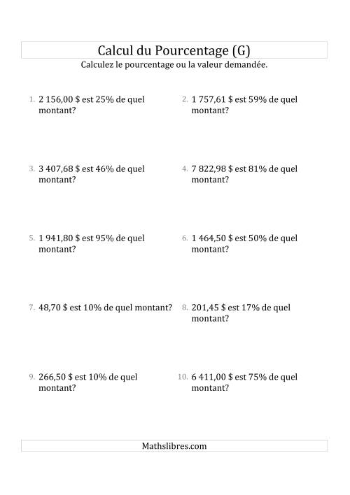 Calcul du Montant Original des Nombres Décimaux et des Pourcentages Variant de 1 à 99 (Sommes en Dollars) (G)