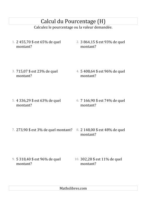 Calcul du Montant Original des Nombres Décimaux et des Pourcentages Variant de 1 à 99 (Sommes en Dollars) (H)