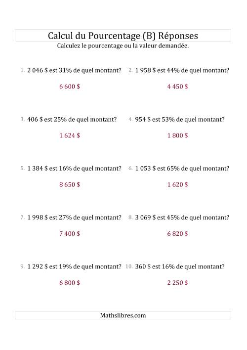 Calcul du Montant Original des Nombres Entiers et des Pourcentages Variant de 1 à 99 (Sommes en Dollars) (B) page 2