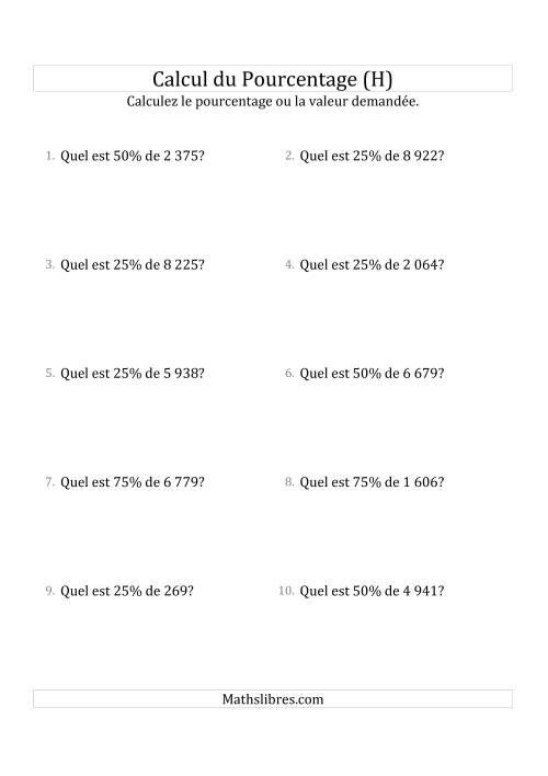 Calcul de la Valeur en Pourcentage des Nombres Décimaux et des Pourcentages Multiples de 25 (H)