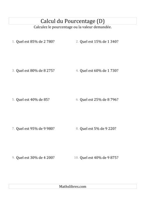 Calcul de la Valeur en Pourcentage des Nombres Entiers et des Pourcentages Multiples 5 (D)