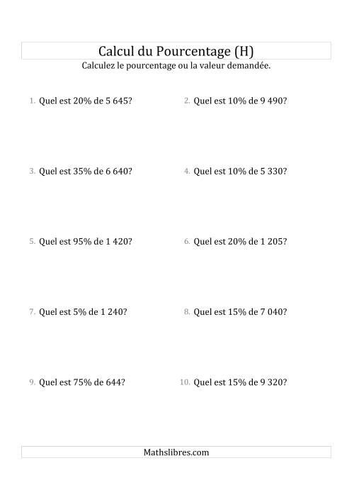 Calcul de la Valeur en Pourcentage des Nombres Entiers et des Pourcentages Multiples 5 (H)