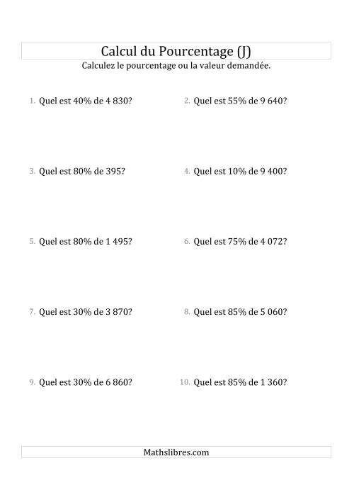 Calcul de la Valeur en Pourcentage des Nombres Entiers et des Pourcentages Multiples 5 (J)