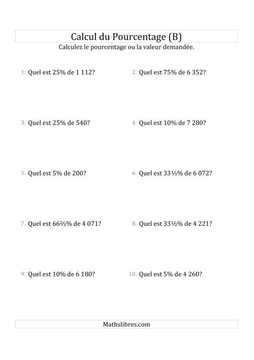 Calcul de la Valeur en Pourcentage des Nombres Entiers et la Sélection de Pourcentages (B)