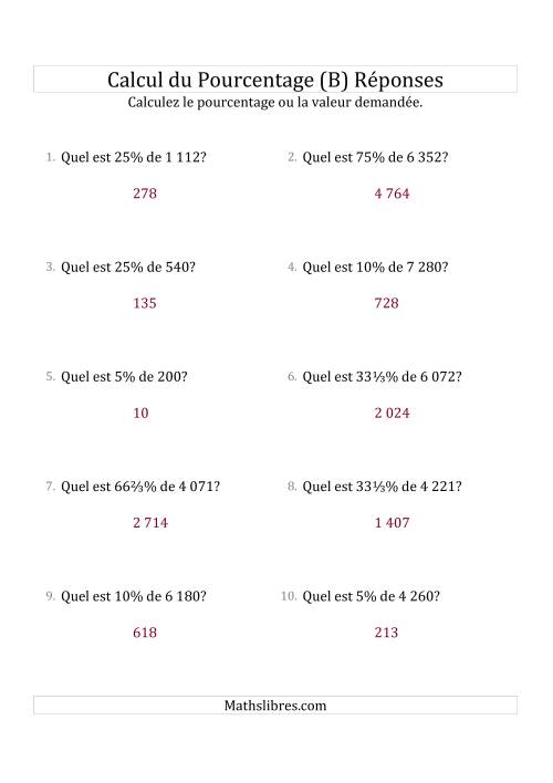 Calcul de la Valeur en Pourcentage des Nombres Entiers et la Sélection de Pourcentages (B) page 2