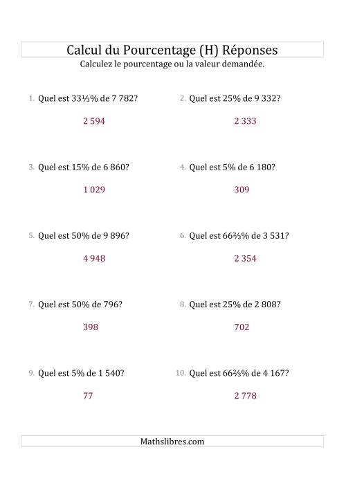Calcul de la Valeur en Pourcentage des Nombres Entiers et la Sélection de Pourcentages (H) page 2