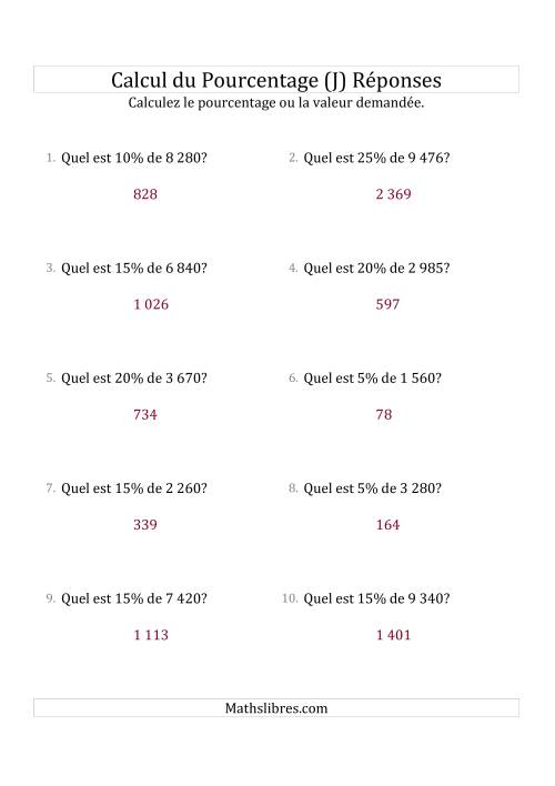 Calcul de la Valeur en Pourcentage des Nombres Entiers et la Sélection de Pourcentages (J) page 2