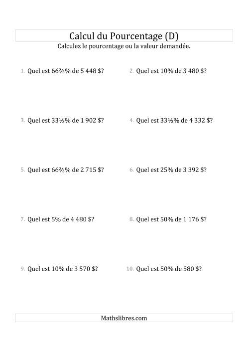 Calcul de la Valeur en Pourcentage des Nombres Entiers et la Sélection de Pourcentages (Sommes en Dollars) (D)