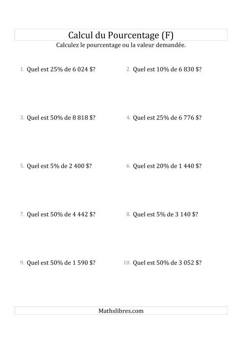 Calcul de la Valeur en Pourcentage des Nombres Entiers et la Sélection de Pourcentages (Sommes en Dollars) (F)