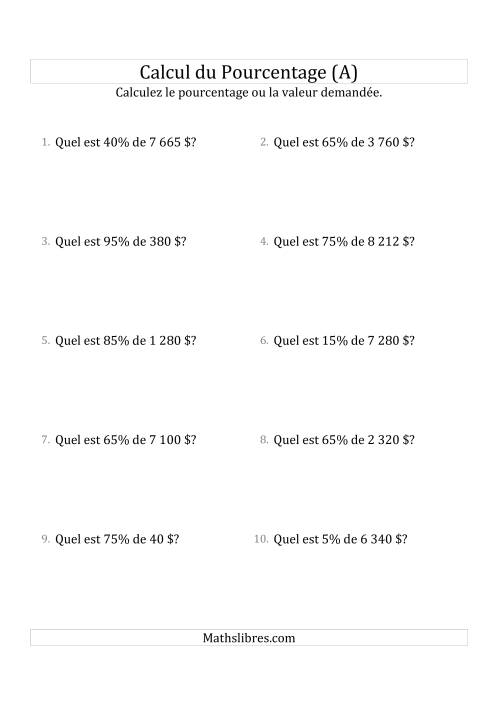 Calcul de la Valeur en Pourcentage des Nombres Entiers et des Pourcentages Multiples de 5 (Sommes en Dollars) (A)