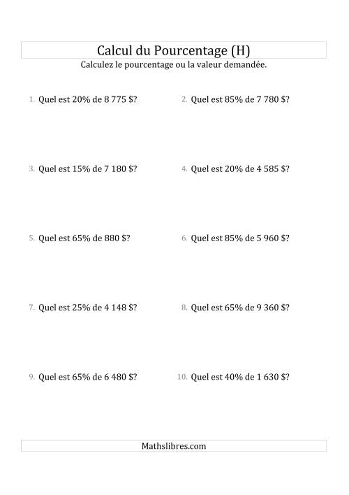 Calcul de la Valeur en Pourcentage des Nombres Entiers et des Pourcentages Multiples de 5 (Sommes en Dollars) (H)