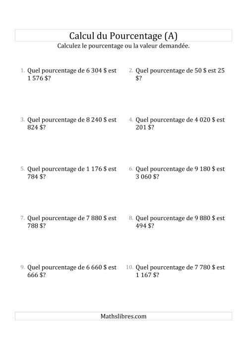 Calcul du Taux de Pourcentage des Nombres Entiers et la Sélection de Pourcentages (Sommes en Dollars) (A)