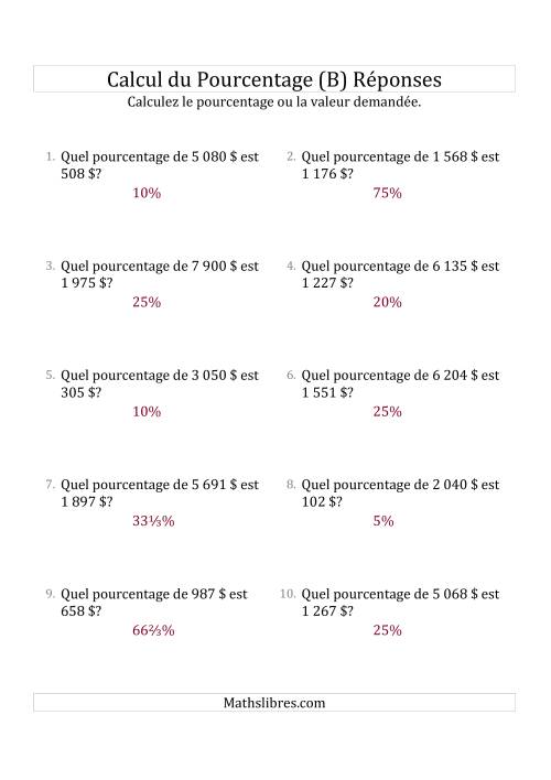 Calcul du Taux de Pourcentage des Nombres Entiers et la Sélection de Pourcentages (Sommes en Dollars) (B) page 2