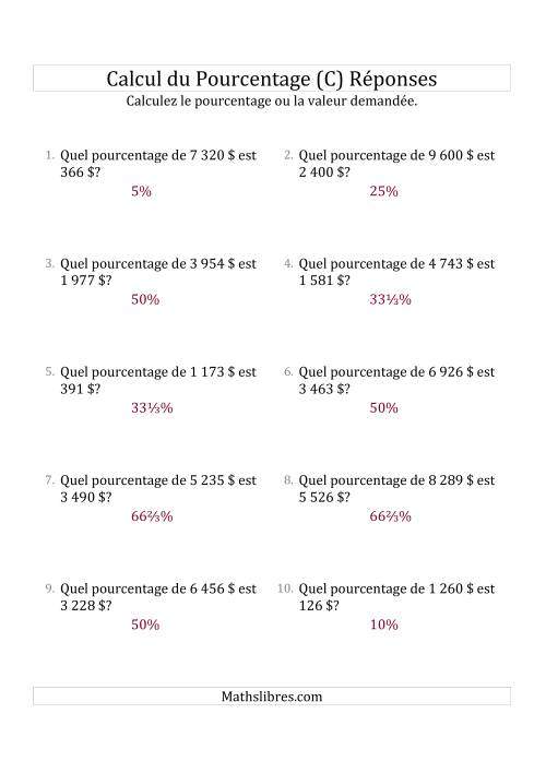 Calcul du Taux de Pourcentage des Nombres Entiers et la Sélection de Pourcentages (Sommes en Dollars) (C) page 2