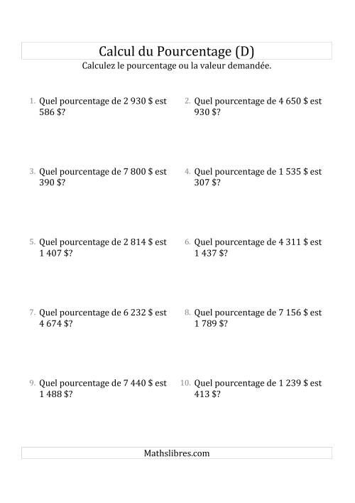Calcul du Taux de Pourcentage des Nombres Entiers et la Sélection de Pourcentages (Sommes en Dollars) (D)
