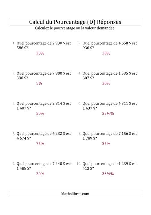 Calcul du Taux de Pourcentage des Nombres Entiers et la Sélection de Pourcentages (Sommes en Dollars) (D) page 2