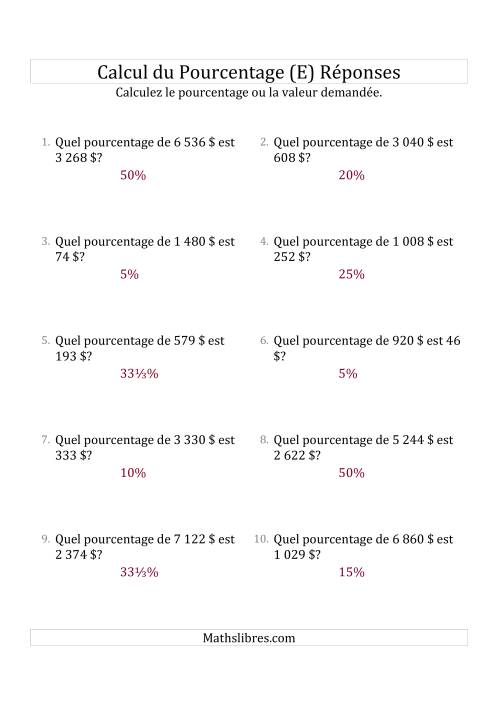 Calcul du Taux de Pourcentage des Nombres Entiers et la Sélection de Pourcentages (Sommes en Dollars) (E) page 2
