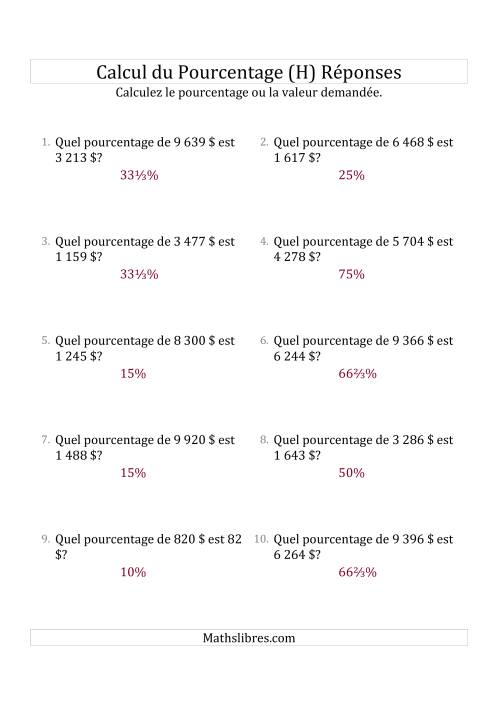 Calcul du Taux de Pourcentage des Nombres Entiers et la Sélection de Pourcentages (Sommes en Dollars) (H) page 2