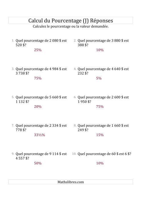 Calcul du Taux de Pourcentage des Nombres Entiers et la Sélection de Pourcentages (Sommes en Dollars) (J) page 2