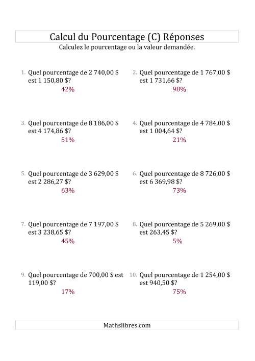 Calcul du Taux de Pourcentage des Nombres Décimaux et des Pourcentages Variant de 1 à 99 (Sommes en Dollars) (C) page 2