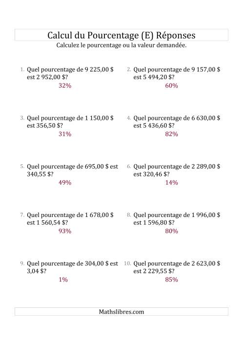 Calcul du Taux de Pourcentage des Nombres Décimaux et des Pourcentages Variant de 1 à 99 (Sommes en Dollars) (E) page 2