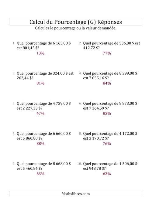Calcul du Taux de Pourcentage des Nombres Décimaux et des Pourcentages Variant de 1 à 99 (Sommes en Dollars) (G) page 2