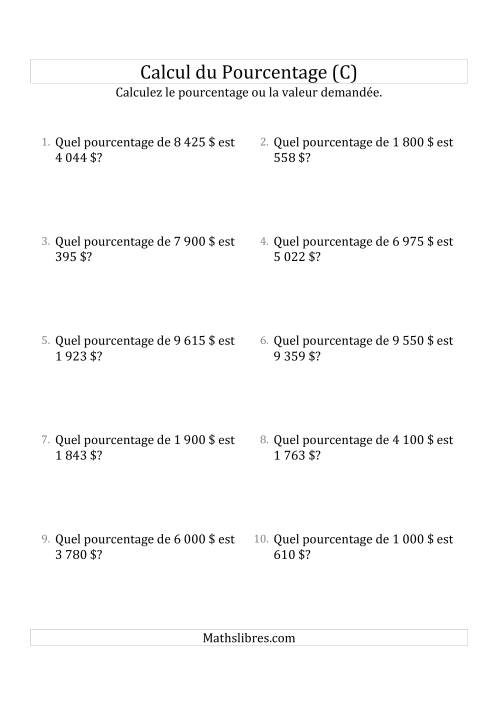 Calcul du Taux de Pourcentage des Nombres Entiers et des Pourcentages Variant de 1 à 99 (Sommes en Dollars) (C)