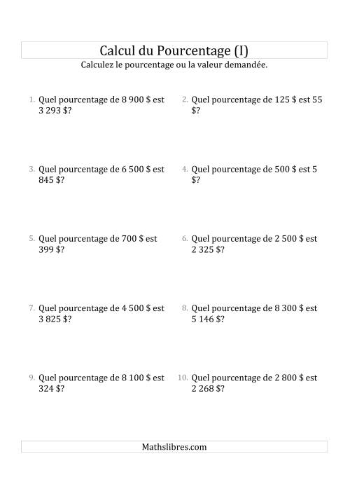 Calcul du Taux de Pourcentage des Nombres Entiers et des Pourcentages Variant de 1 à 99 (Sommes en Dollars) (I)