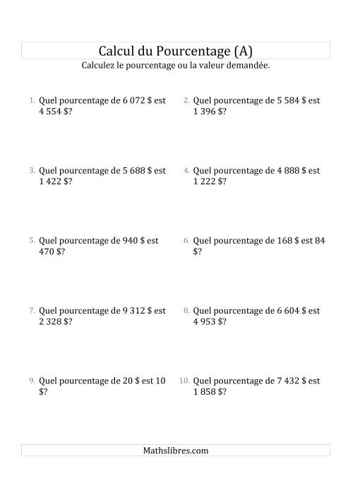 Calcul du Taux de en Pourcentage des Nombres Décimaux et des Pourcentages Multiples de 25 (Sommes en Dollars) (A)