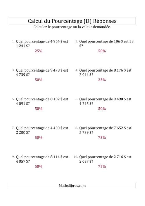 Calcul du Taux de en Pourcentage des Nombres Décimaux et des Pourcentages Multiples de 25 (Sommes en Dollars) (D) page 2