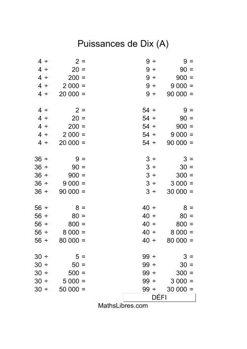 Nombres un-chiffre divisés par multiples de puissances positives de dix (A)