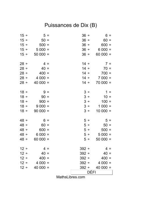 Nombres un-chiffre divisés par multiples de puissances positives de dix (B)
