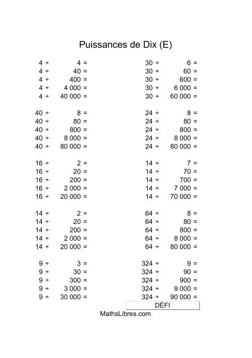 Nombres un-chiffre divisés par multiples de puissances positives de dix (E)