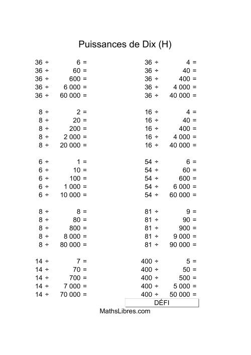 Nombres un-chiffre divisés par multiples de puissances positives de dix (H)