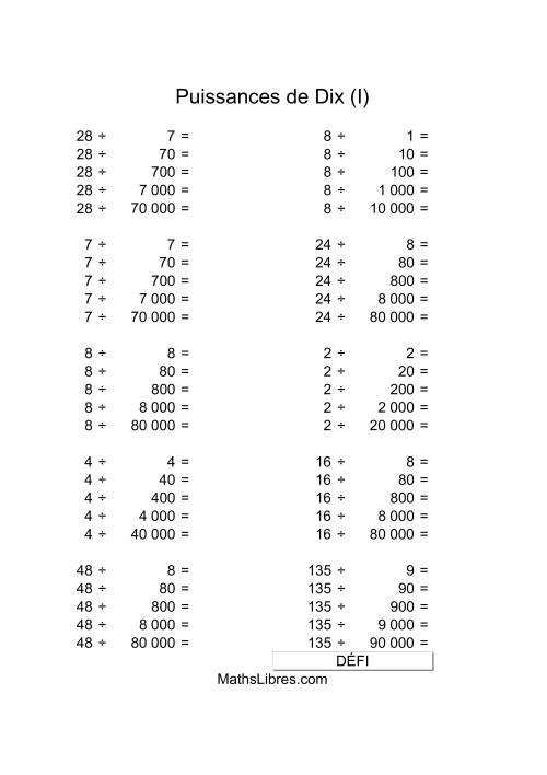 Nombres un-chiffre divisés par multiples de puissances positives de dix (I)