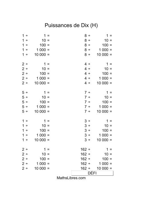 Nombres un-chiffre divisés par puissances positives de dix (H)