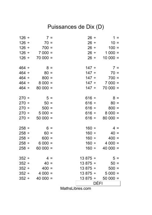 Nombres deux-chiffres divisés par multiples de puissances négatives de dix (D)