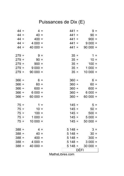 Nombres deux-chiffres divisés par multiples de puissances négatives de dix (E)