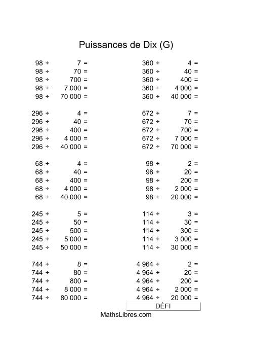Nombres deux-chiffres divisés par multiples de puissances négatives de dix (G)