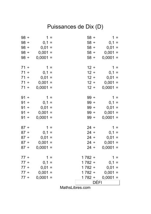 Nombres deux-chiffres divisés par puissances négatives de dix (D)
