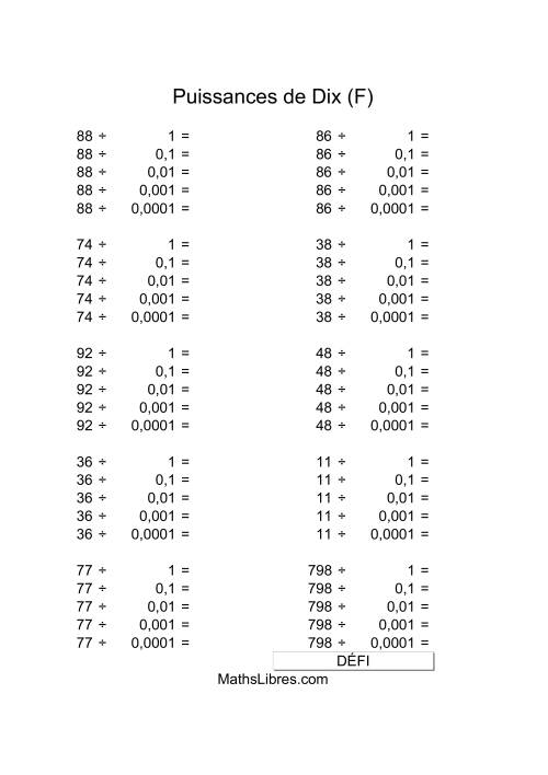 Nombres deux-chiffres divisés par puissances négatives de dix (F)