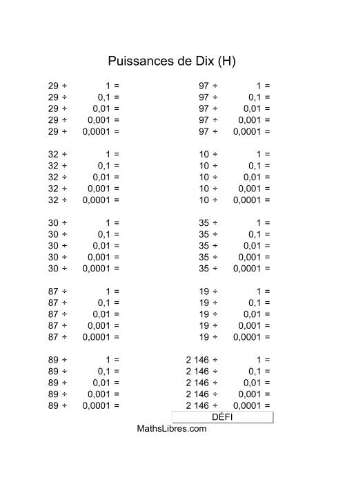 Nombres deux-chiffres divisés par puissances négatives de dix (H)