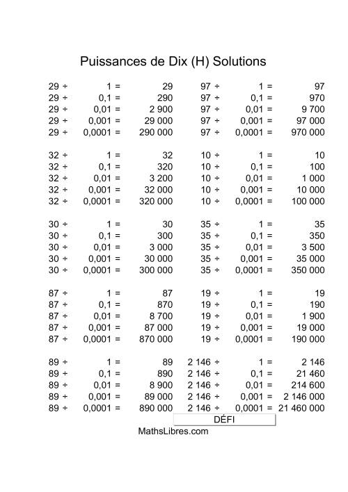 Nombres deux-chiffres divisés par puissances négatives de dix (H) page 2