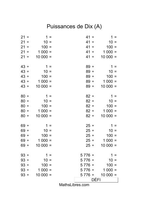 Nombres deux-chiffres divisés par puissances positives de dix (A)